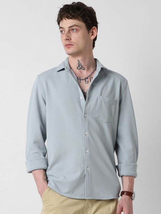 Detailed Turkish Blue Jacquard Shirt