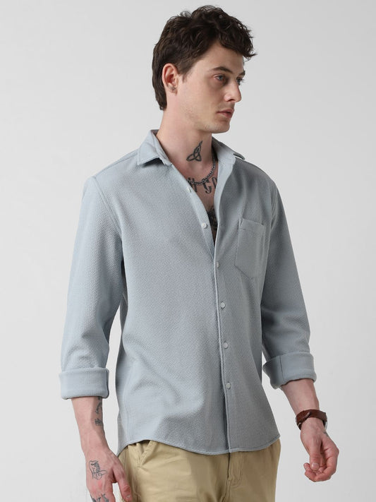 Detailed Turkish Blue Jacquard Shirt
