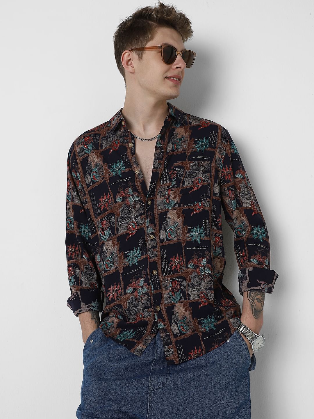 Futuristic Fusion Foil Printed Black Shirt