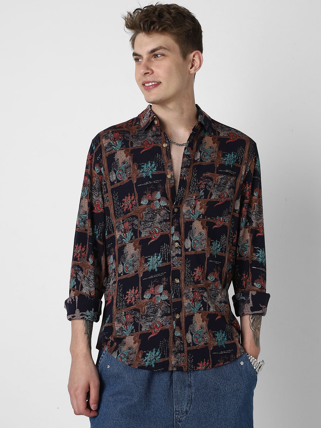 Futuristic Fusion Foil Printed Black Shirt