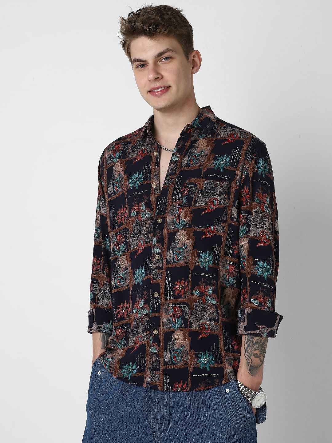 Futuristic Fusion Foil Printed Black Shirt
