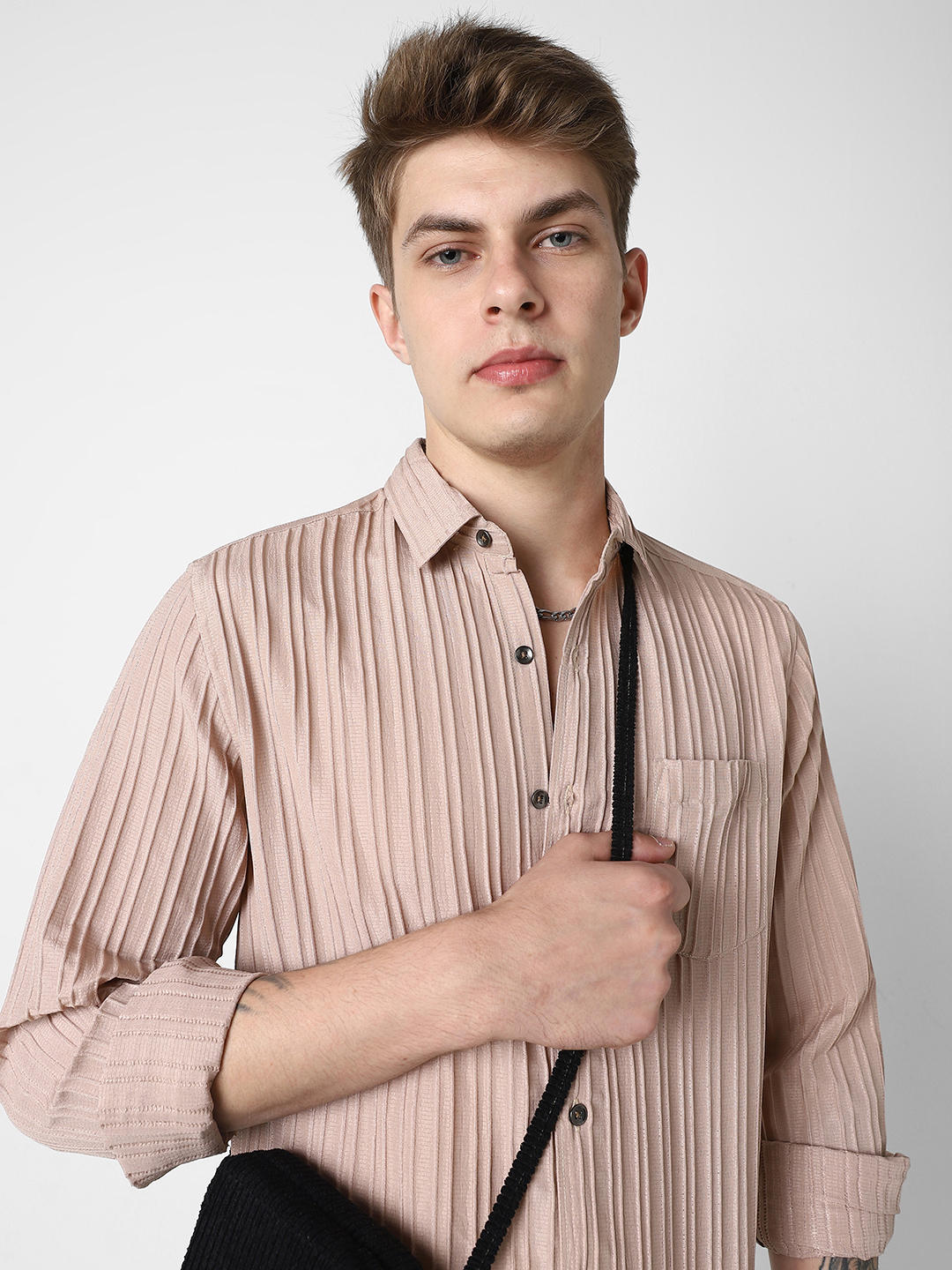 Tan Brown Line Textured Shirt