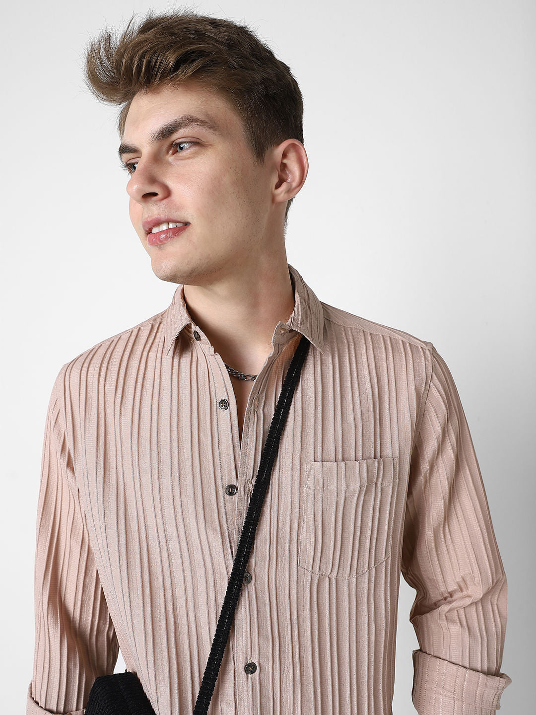 Tan Brown Line Textured Shirt