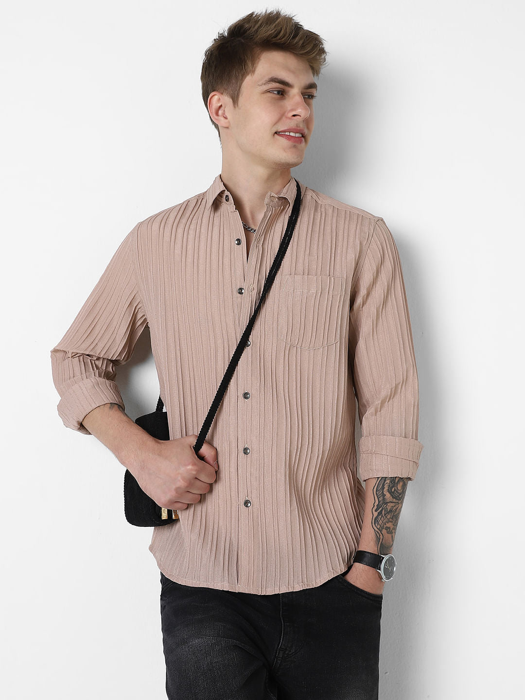 Tan Brown Line Textured Shirt