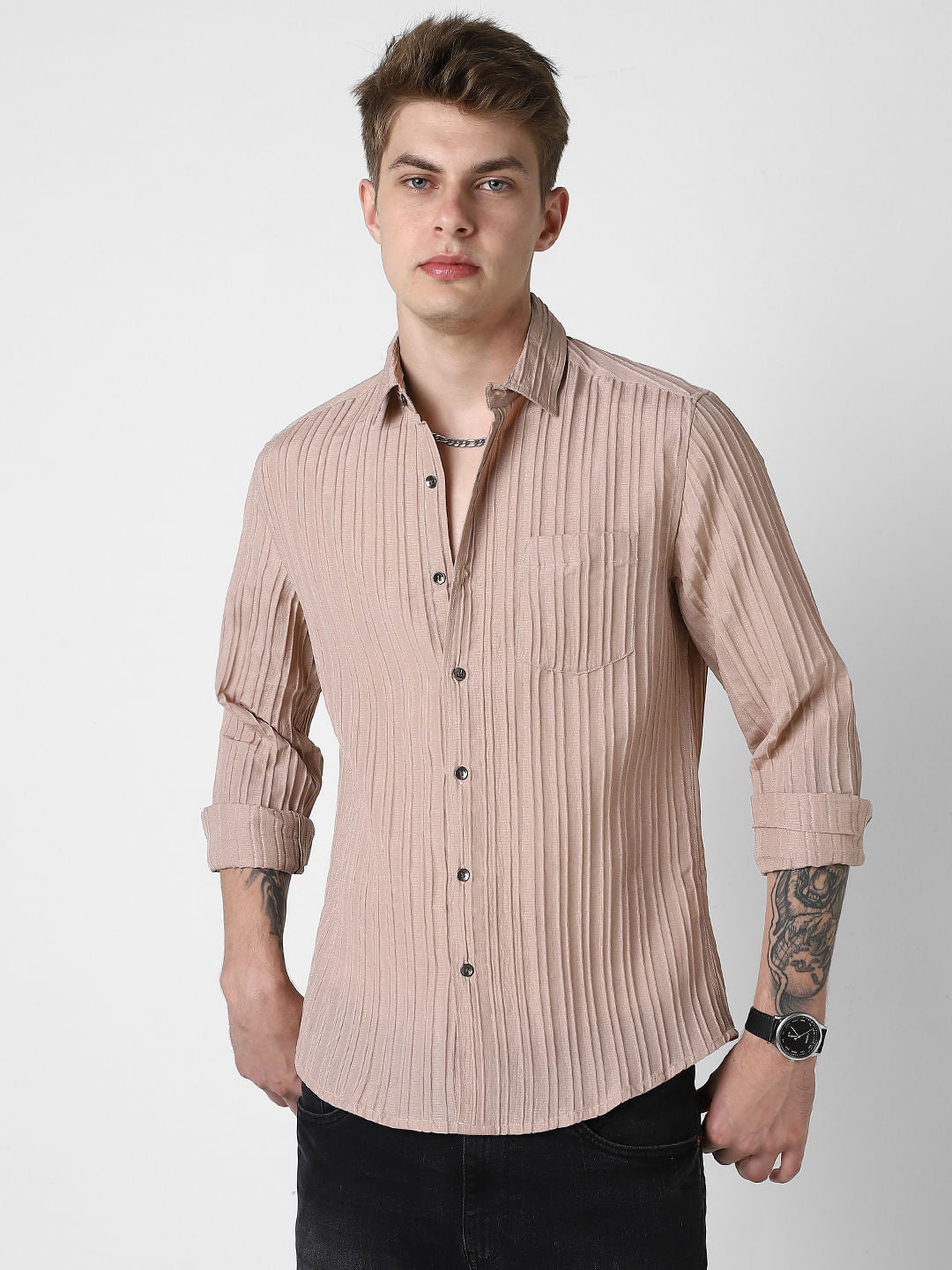 Tan Brown Line Textured Shirt