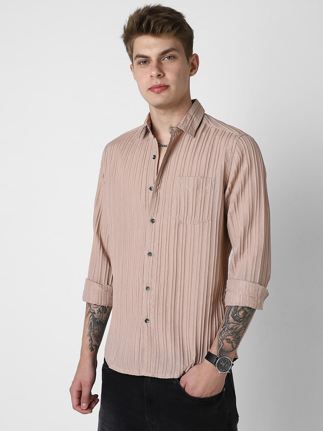 Tan Brown Line Textured Shirt