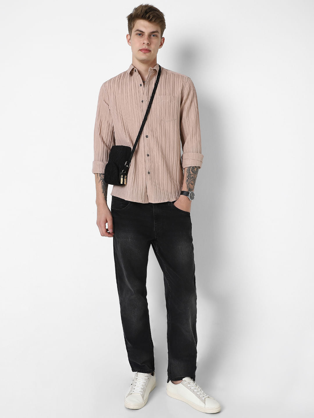 Tan Brown Line Textured Shirt