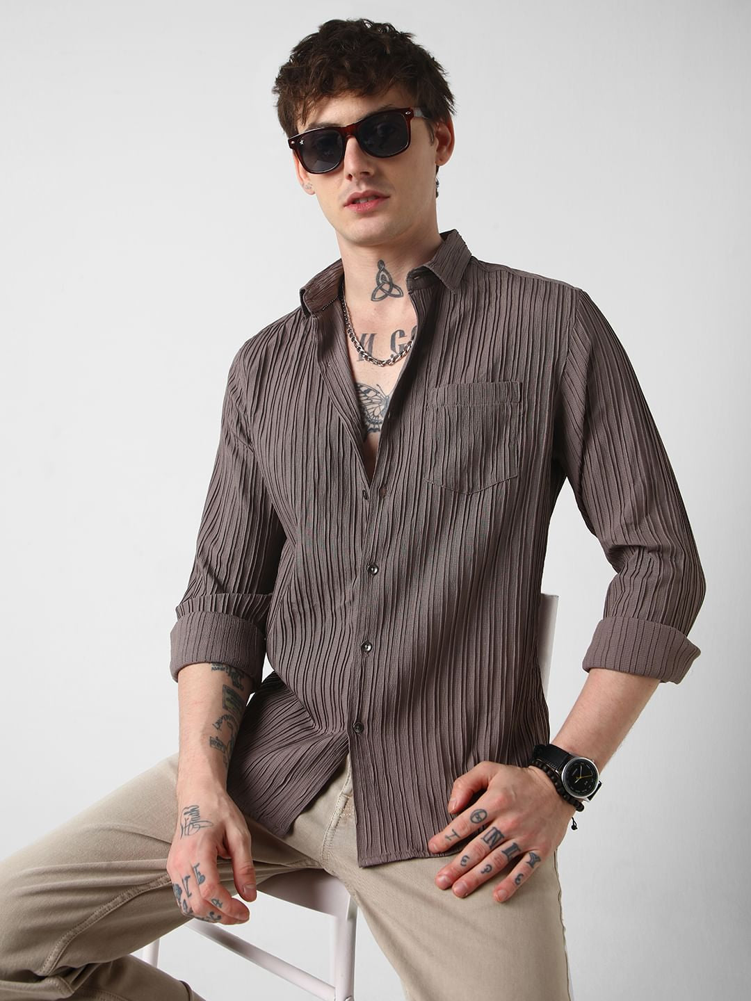 Chocolate Brown Line Textured Shirt