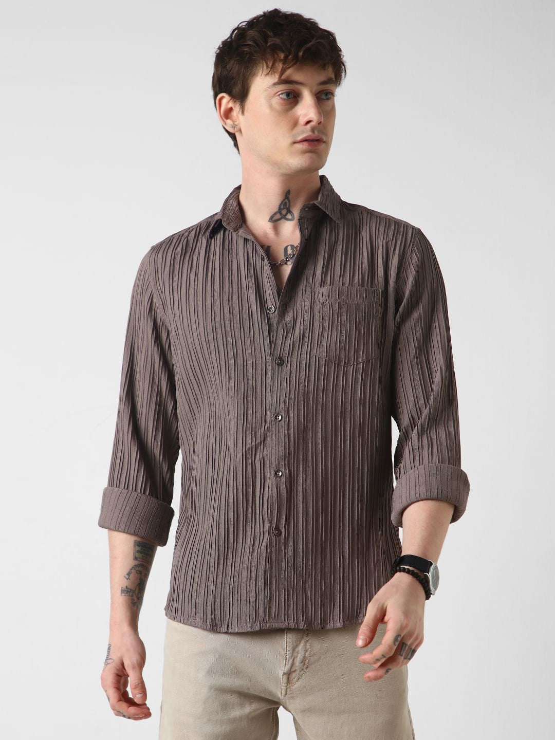 Chocolate Brown Line Textured Shirt