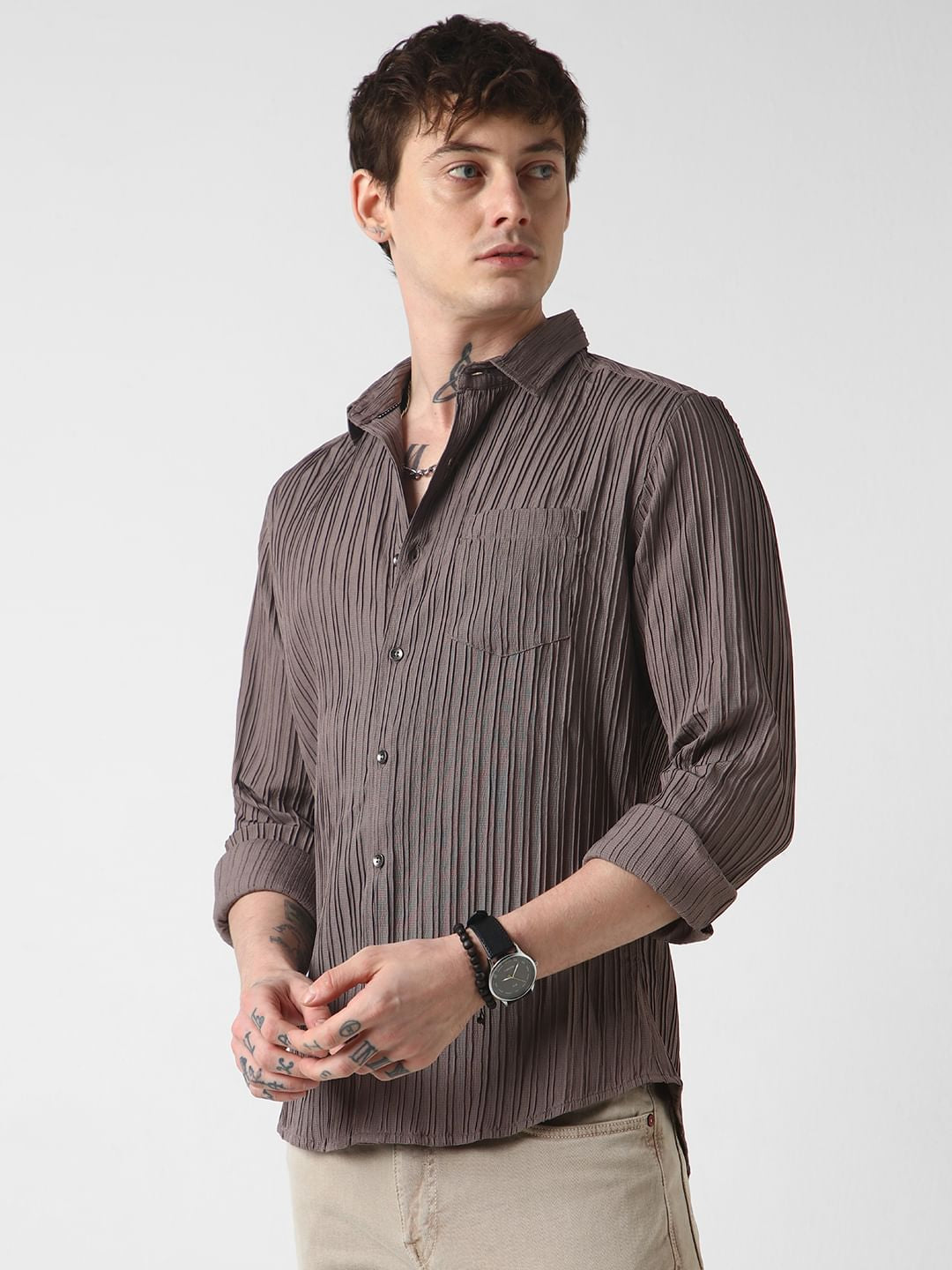 Chocolate Brown Line Textured Shirt