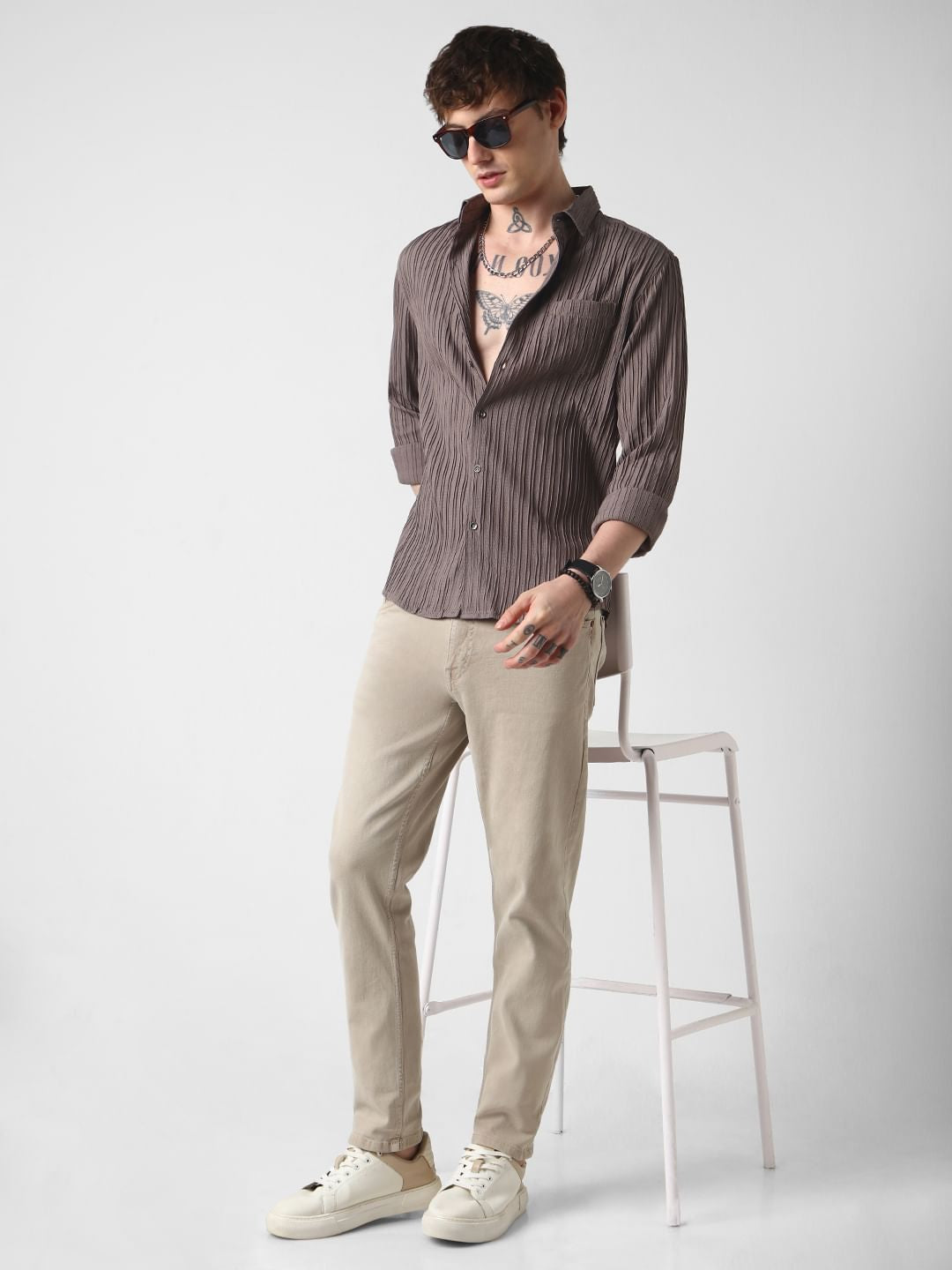 Chocolate Brown Line Textured Shirt