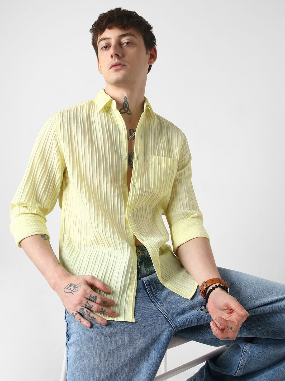 Vibrant Lemon Line Textured Shirt