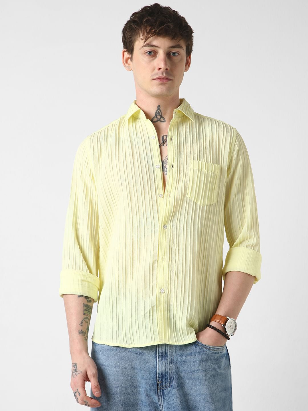 Vibrant Lemon Line Textured Shirt