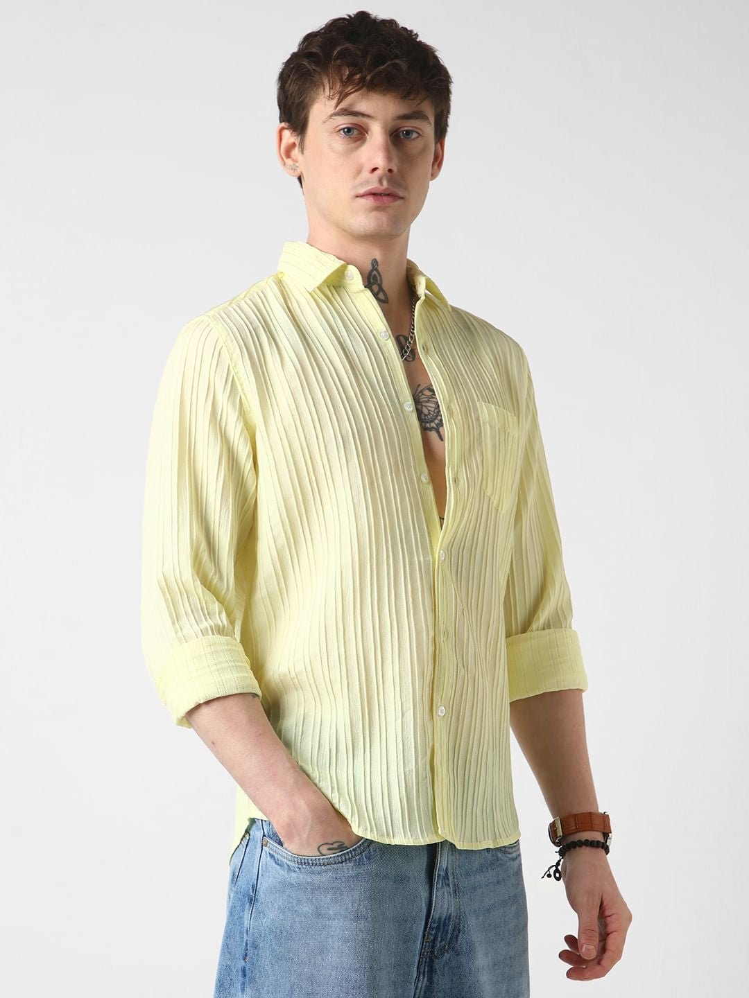Vibrant Lemon Line Textured Shirt