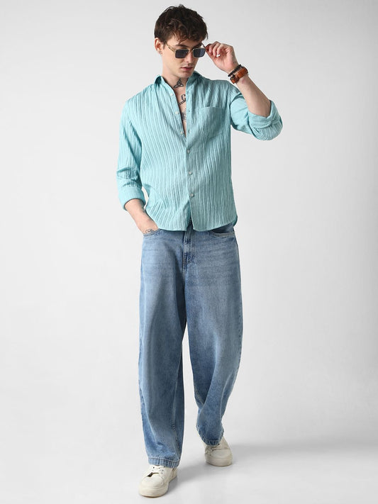 Ocean Blue Line Textured Shirt