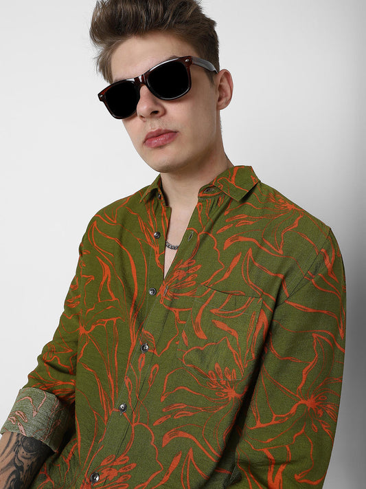 Voguish Moss Green Printed Italian Linen Shirt