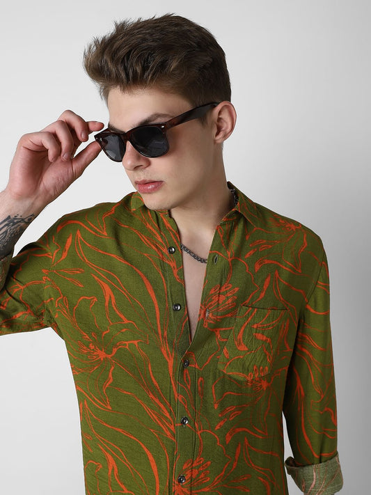 Voguish Moss Green Printed Italian Linen Shirt