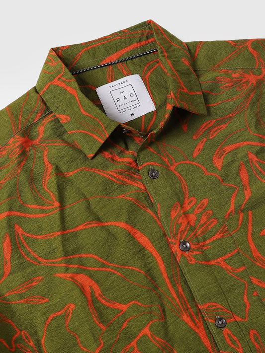 Voguish Moss Green Printed Italian Linen Shirt