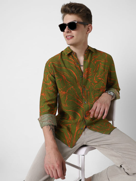 Voguish Moss Green Printed Italian Linen Shirt