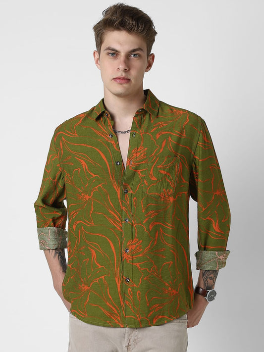 Voguish Moss Green Printed Italian Linen Shirt