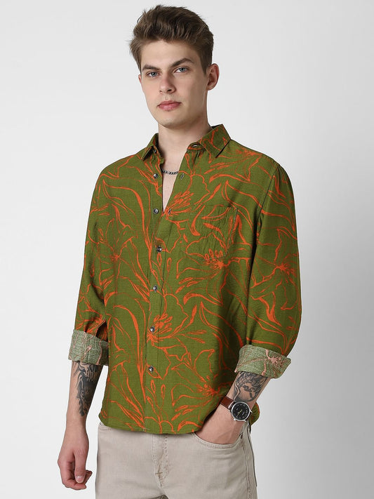 Voguish Moss Green Printed Italian Linen Shirt