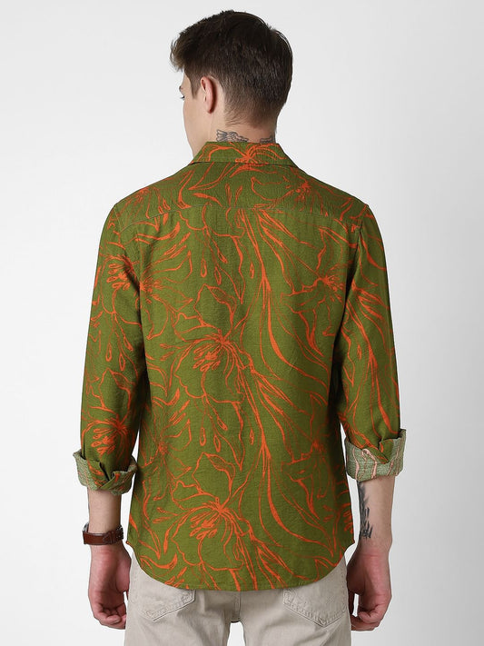 Voguish Moss Green Printed Italian Linen Shirt