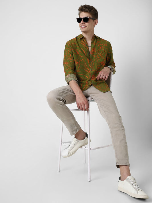 Voguish Moss Green Printed Italian Linen Shirt