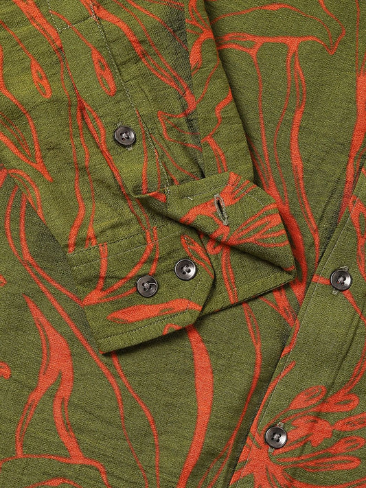 Voguish Moss Green Printed Italian Linen Shirt
