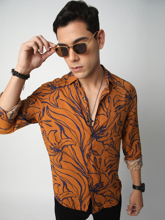 Voguish Bronze Artistic Flora Printed Italian Linen Shirt