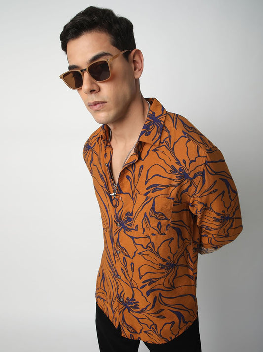 Voguish Bronze Artistic Flora Printed Italian Linen Shirt