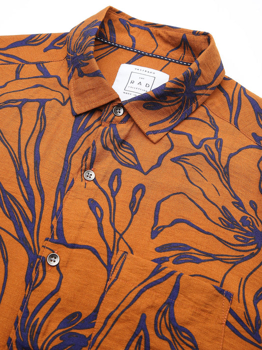 Voguish Bronze Artistic Flora Printed Italian Linen Shirt