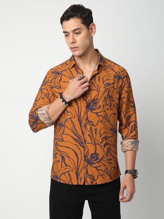 Voguish Bronze Artistic Flora Printed Italian Linen Shirt