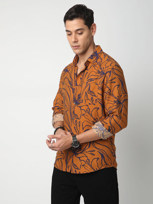 Voguish Bronze Artistic Flora Printed Italian Linen Shirt