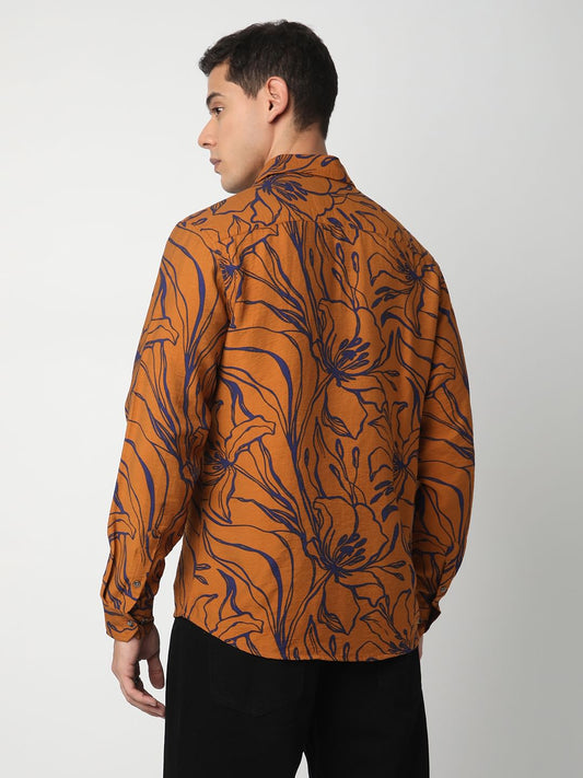 Voguish Bronze Artistic Flora Printed Italian Linen Shirt