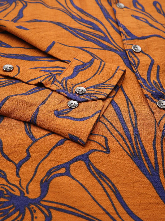 Voguish Bronze Artistic Flora Printed Italian Linen Shirt