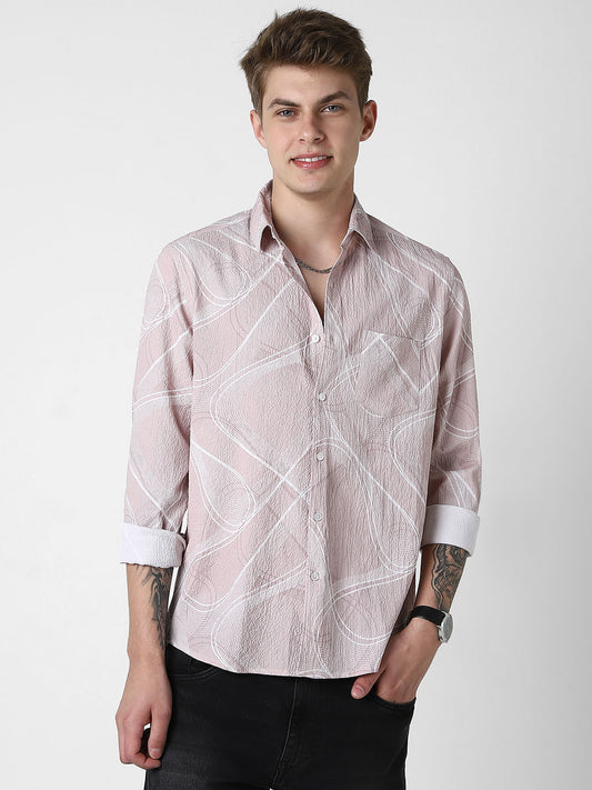 Creased Almond Beige Abstract Printed Shirt