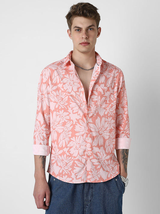 Coral Floral Printed Creased Shirt