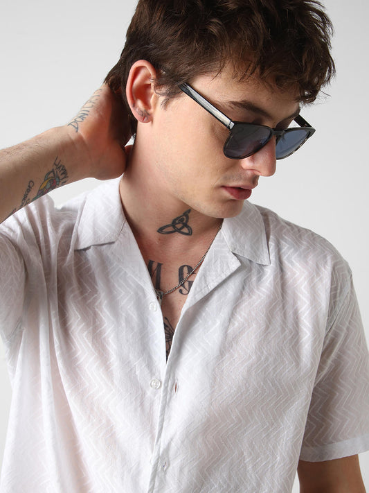 White Zig-Zag Textured Oversized Shirt