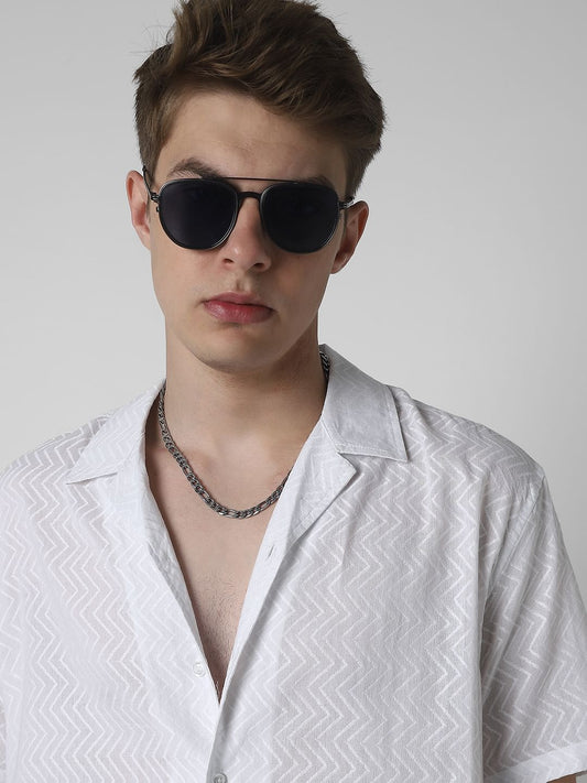 White Zig-Zag Textured Oversized Shirt