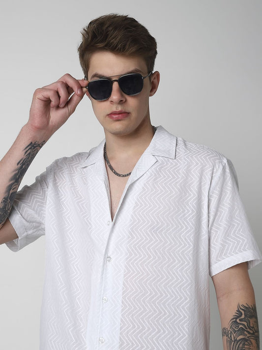 White Zig-Zag Textured Oversized Shirt