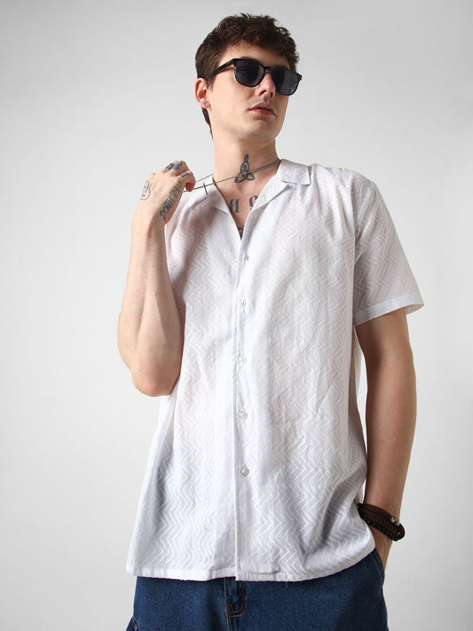 White Zig-Zag Textured Oversized Shirt