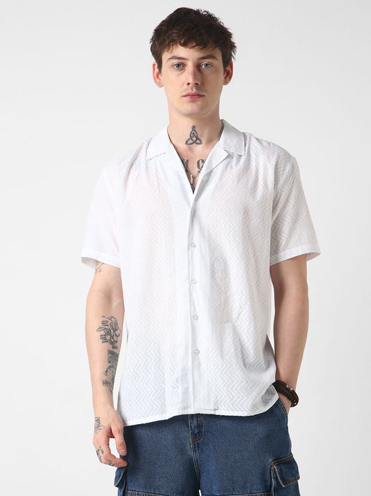White Zig-Zag Textured Oversized Shirt