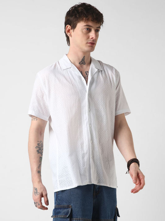White Zig-Zag Textured Oversized Shirt