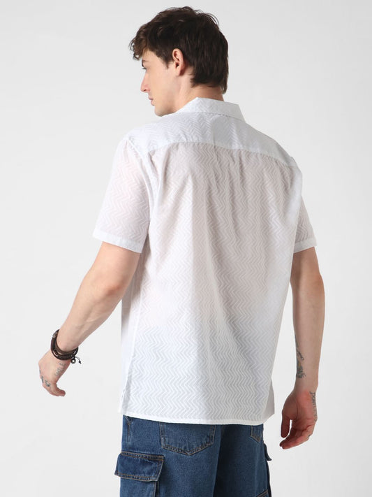 White Zig-Zag Textured Oversized Shirt