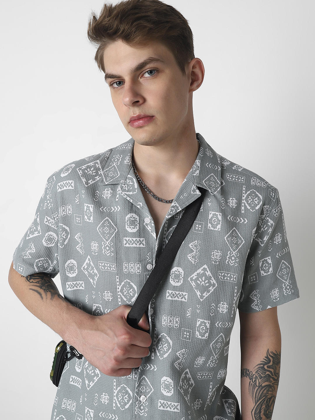 Grey Intricate Printed Oversized Shirt