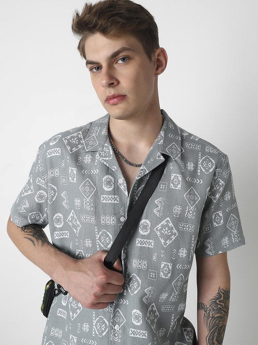 Grey Intricate Printed Oversized Shirt