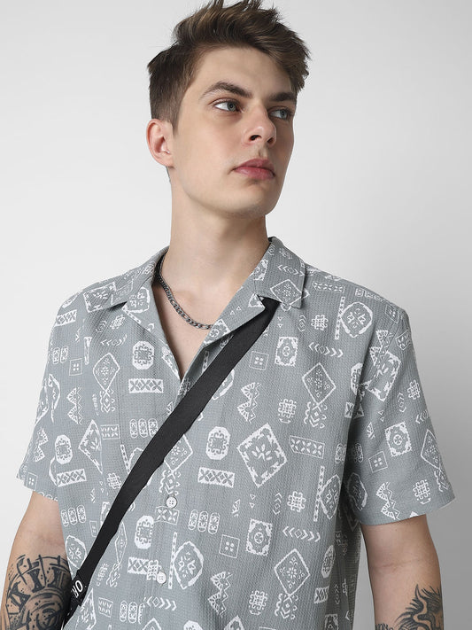 Grey Intricate Printed Oversized Shirt