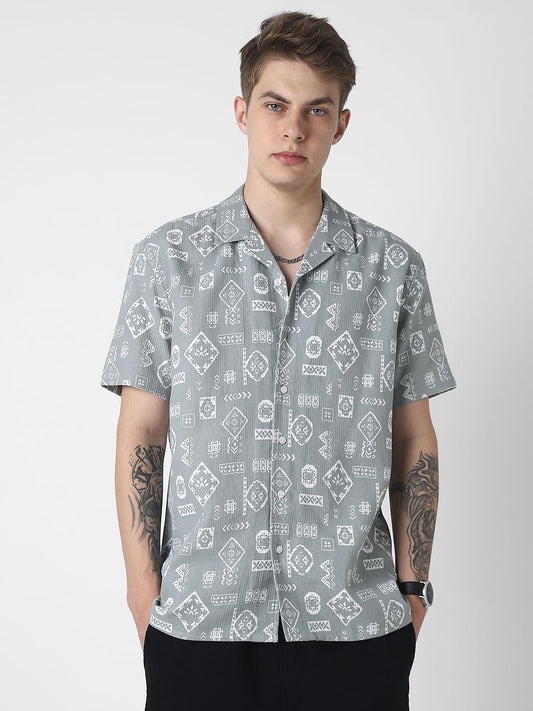 Grey Intricate Printed Oversized Shirt