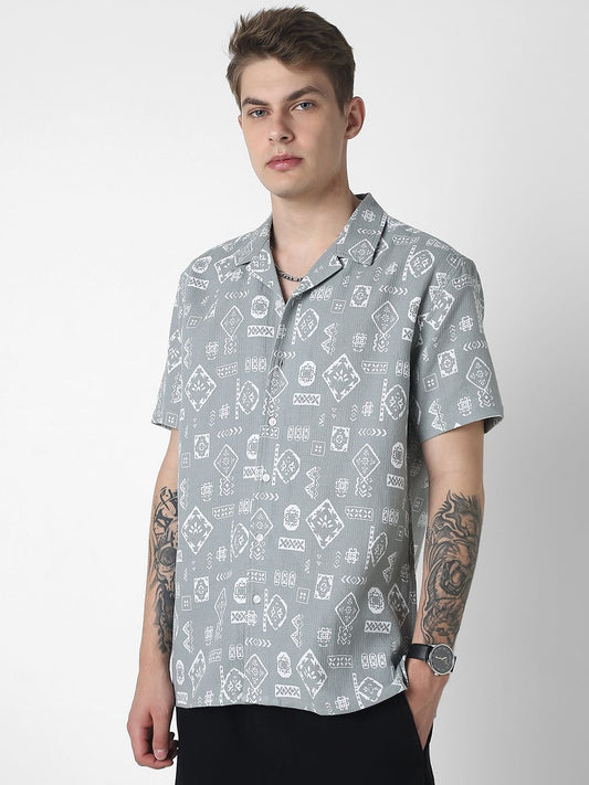 Grey Intricate Printed Oversized Shirt