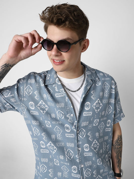 Ocean Blue Intricate Printed Oversized Shirt